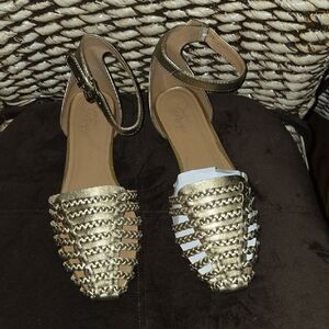 Crown Vintage Metallic Gold Braided Ankle-Strap Flats